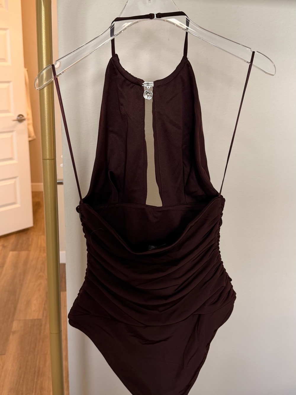 Zara Dark Brown Ruched Halter Bodysuit with Keyhole Detail